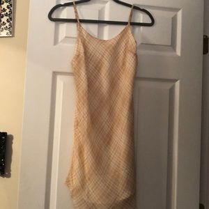 Dress, beige and white, hits above the knee